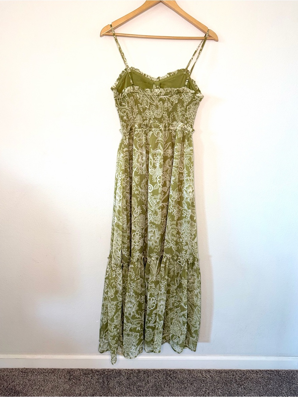 Patrons of Peace Olive Floral Boho Cottagecore Smocked Maxi Dress Small - Picture 2 of 11